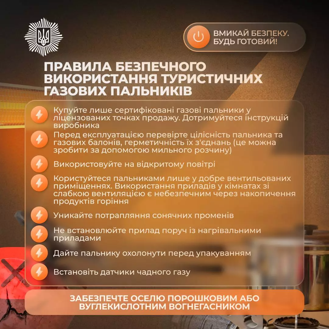 Інфографіка з правилами безпечного використання туристичних газових пальників та порадами щодо безпеки
