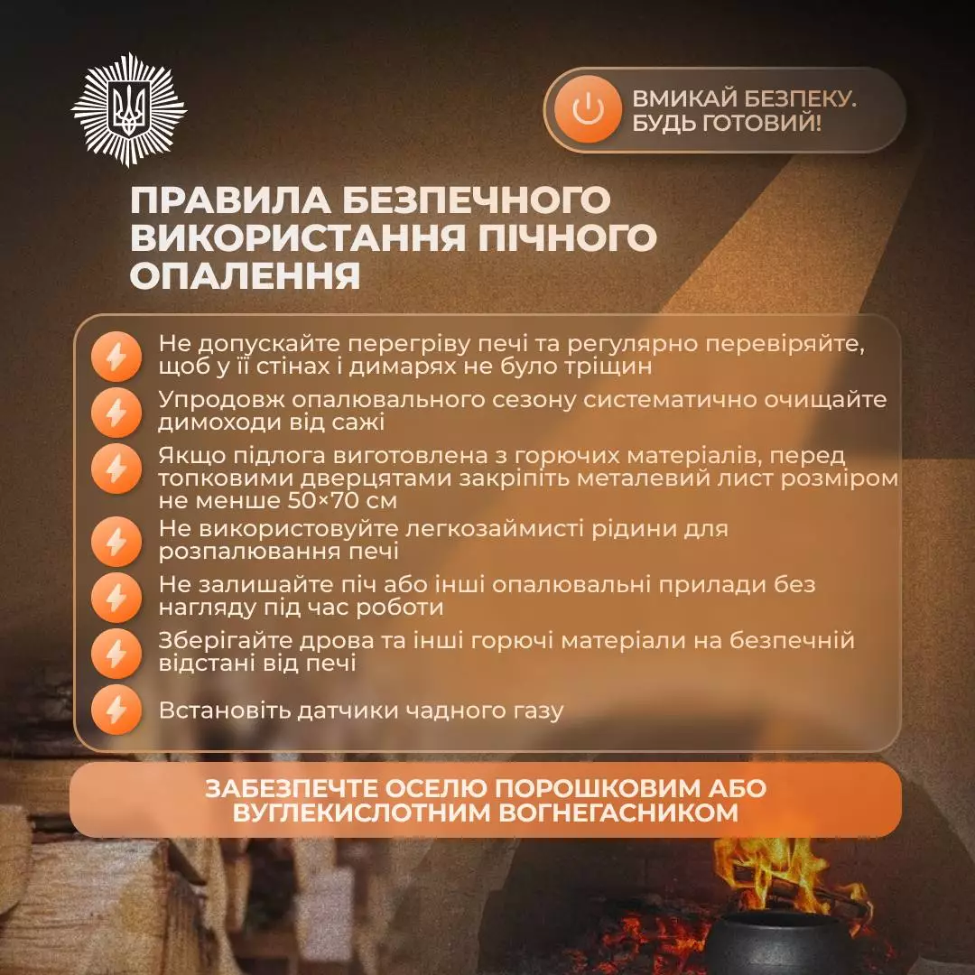 Інфографіка з правилами безпечного використання пічного опалення під час відключень світла