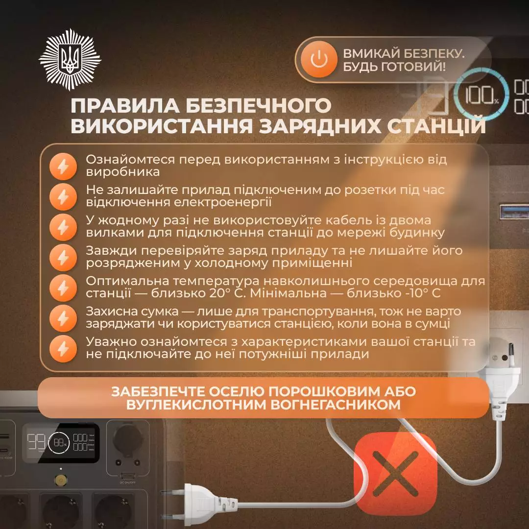 Інфографіка з правилами безпеки використання зарядних станцій під час відключень електроенергії