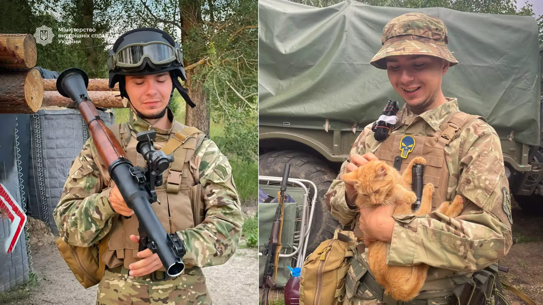 Прикордонник у камуфляжі з гранатометом та інший з котом на фоні військової техніки в лісі