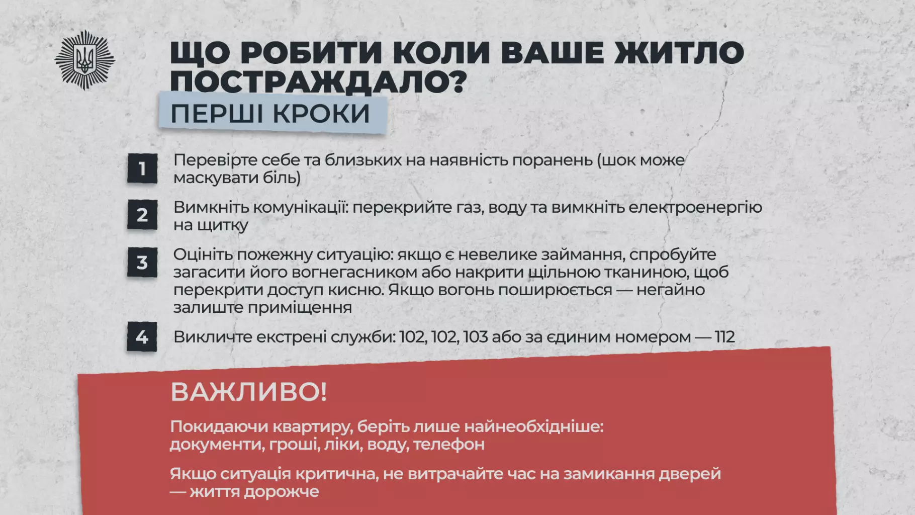Інфографіка з правилами дій після обстрілу: перевірка близьких, вимкнення газу, виклик екстрених служб