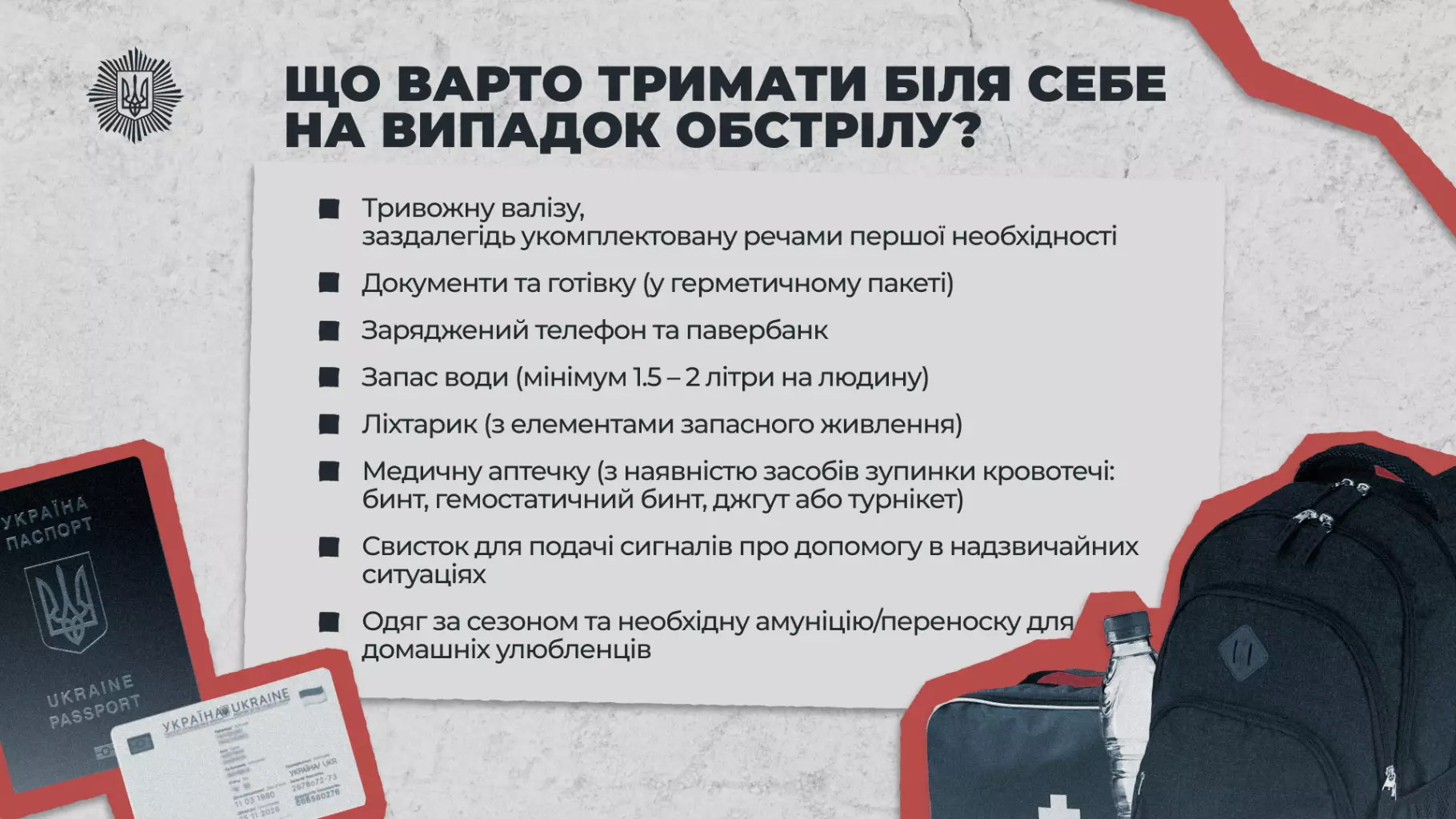 Тривожний валіза з документами, аптечкою, ліхтариком та запасом води для екстрених ситуацій