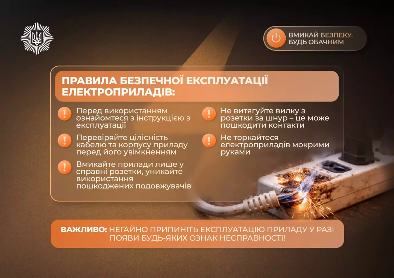 Електрична вилка зі слідами загоряння та пошкоджений подовжувач на фоні правил безпеки