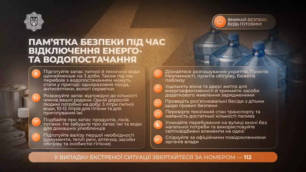 Пам’ятка безпеки під час відключення енерго- та водопостачання з порадами та зображенням пляшок води