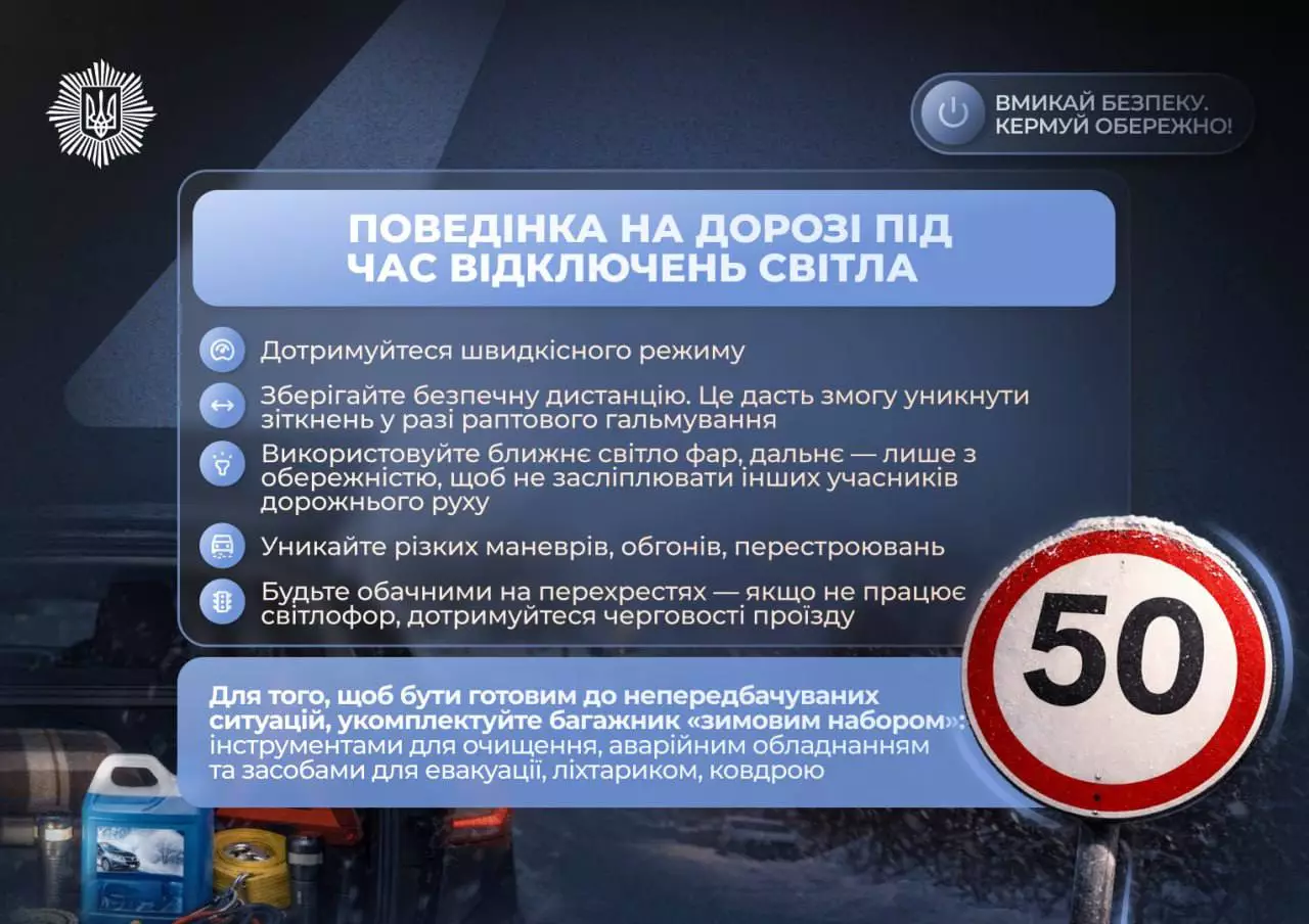 Пам’ятка безпеки на дорозі взимку: правила поведінки під час відключень світла, знак обмеження швидкості 50